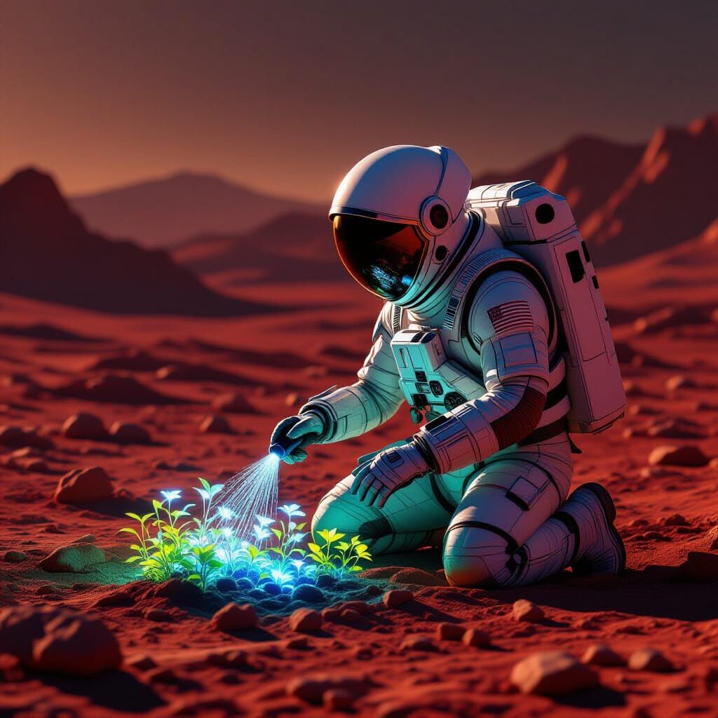 Astronaut Tends Bioluminescent Garden on Mars