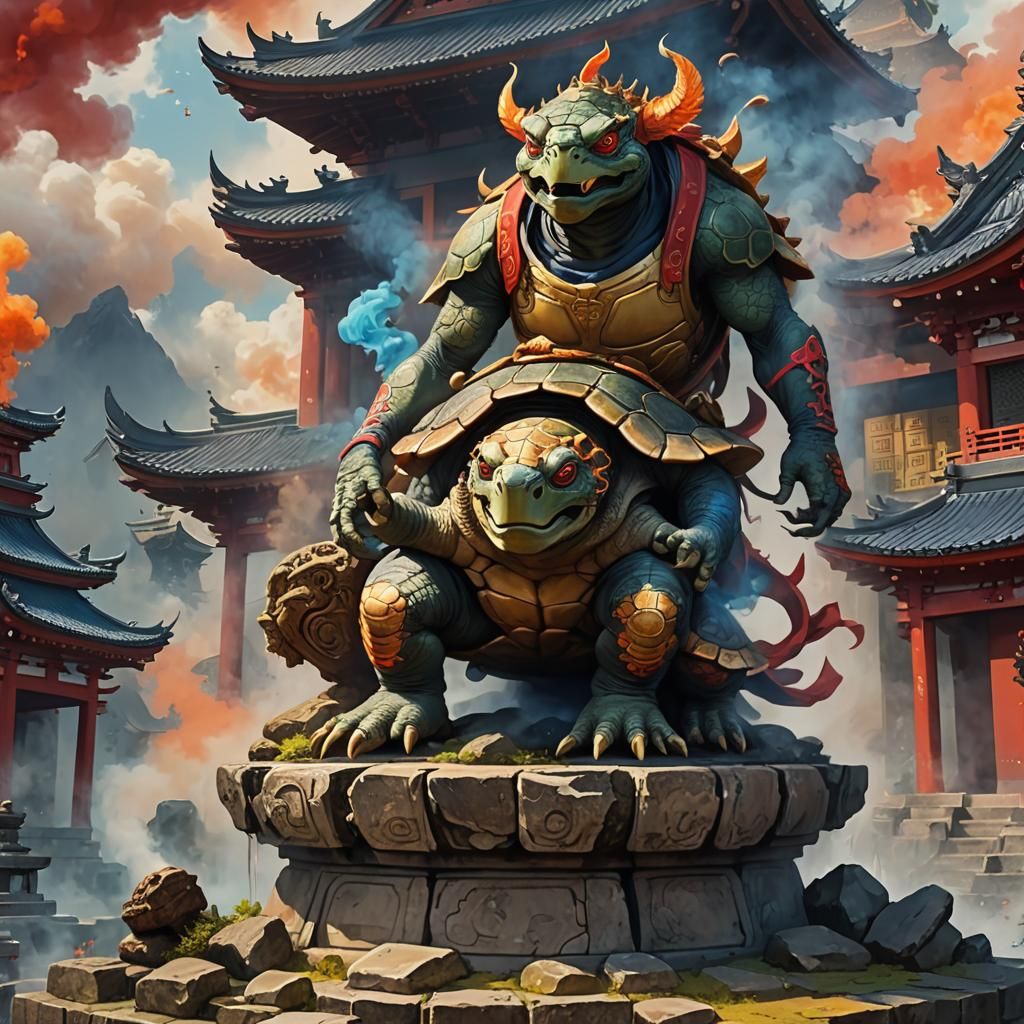 Turtle Demon in Japanese Temple, Anime Style