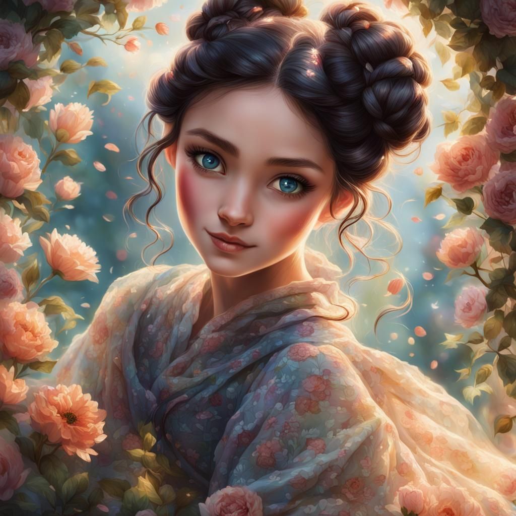 Whimsical Girl in Floral Fantasy Art