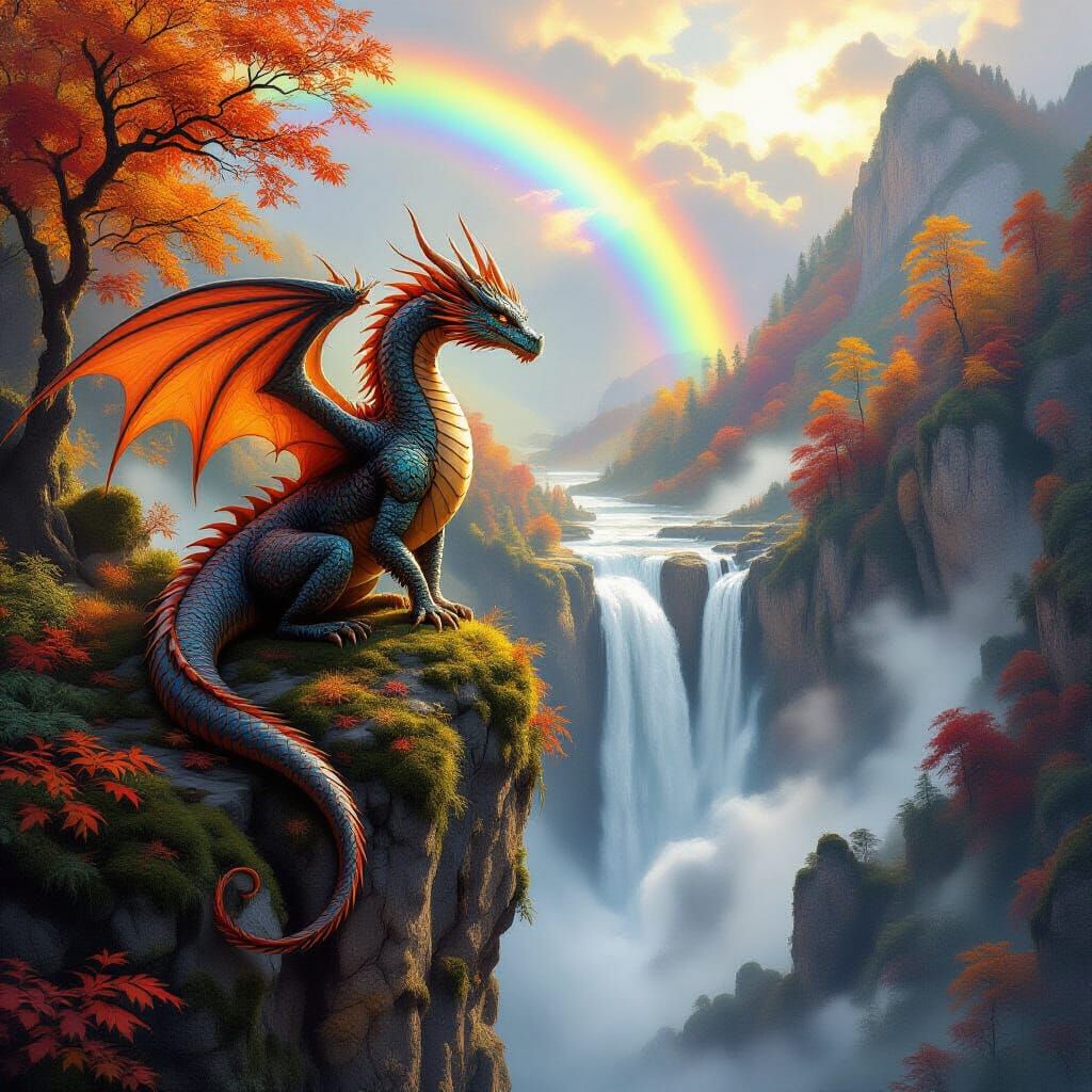 Ancient Dragon on Cliff Overlooking Waterfall in Autumn