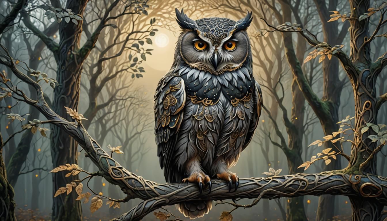 Owl in Misty Forest with Celtic Knots