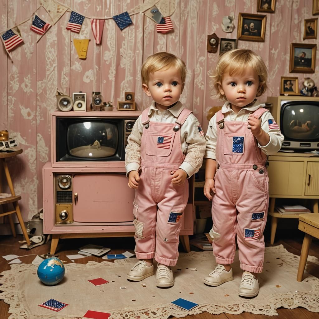 Nostalgic Toddlers and Retro Dollhouse, Evoking 1970s Americ...