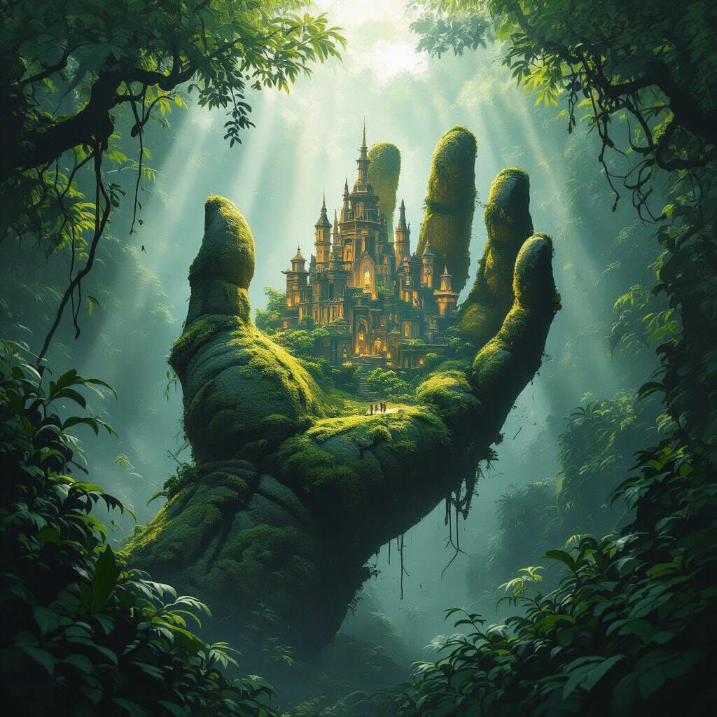 Ancient Jungle Stone Hand Holds Glowing City, Painterly Styl...