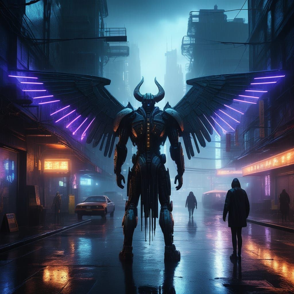 Cyberpunk Demon with Metallic Wings in Neon City