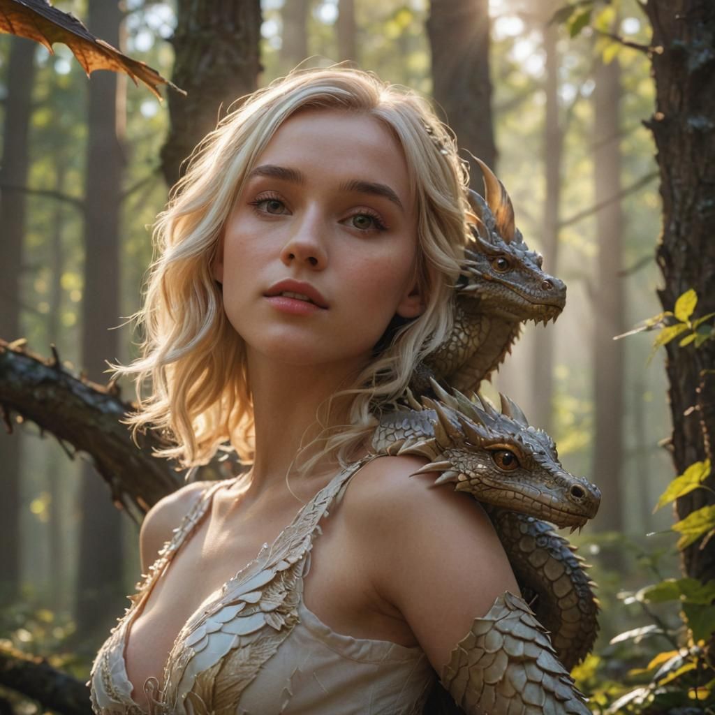 Girl with Dragon in Misty Forest: Digital Art