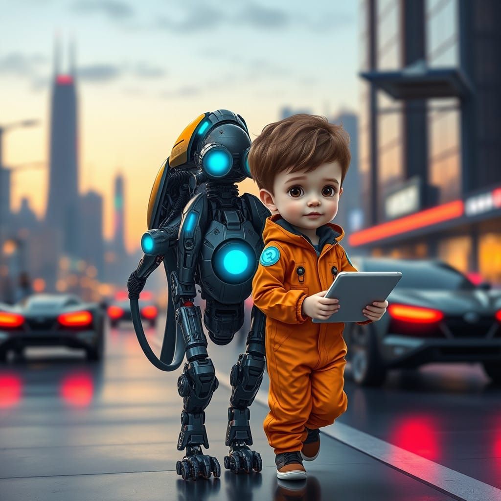 Cyborg Canine Companions Roam Futuristic Cityscapes at Dusk