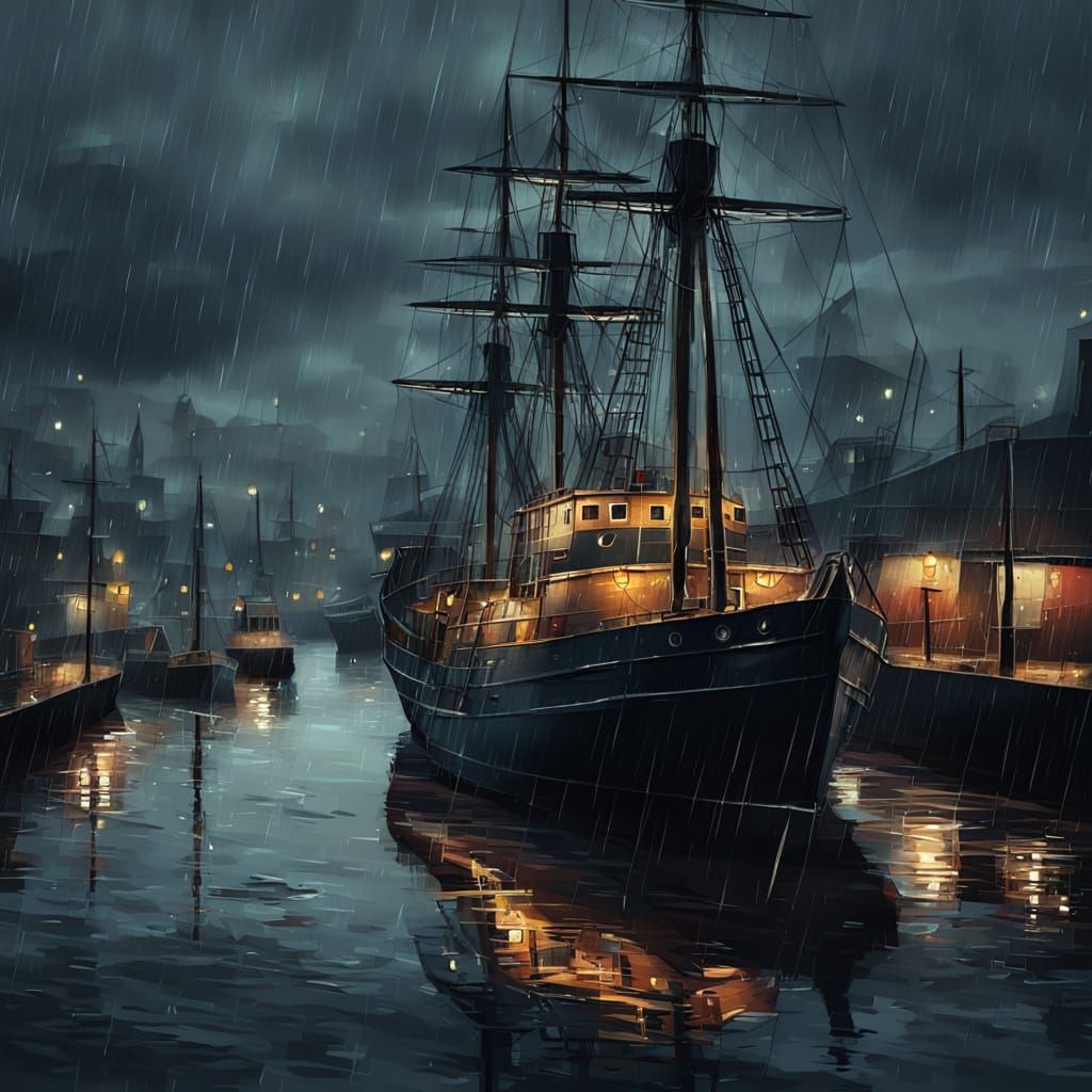 Gloomy Seaport Evening: Moody Expressionist Digital Painting