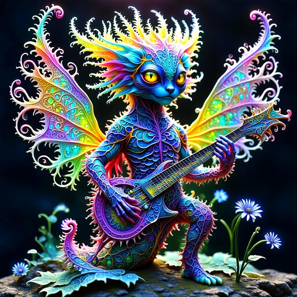 Whimsical Creature Playing Music in a Magical Realm