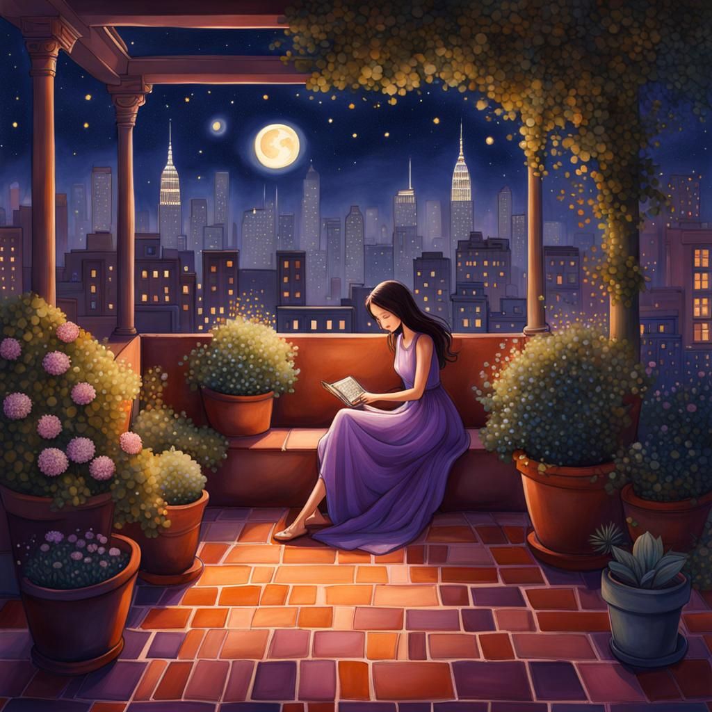 Rooftop Garden Scene in Manhattan, Digital Watercolor