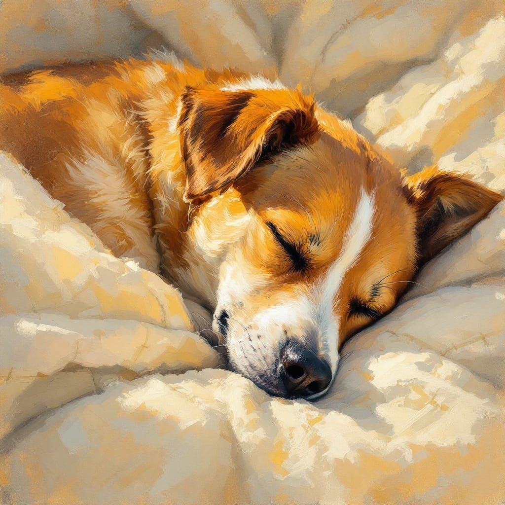 Serene Dog in Golden Light, Soft Oil Painting