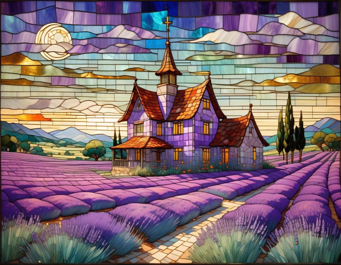 Lavender Field House in Stained Glass Style