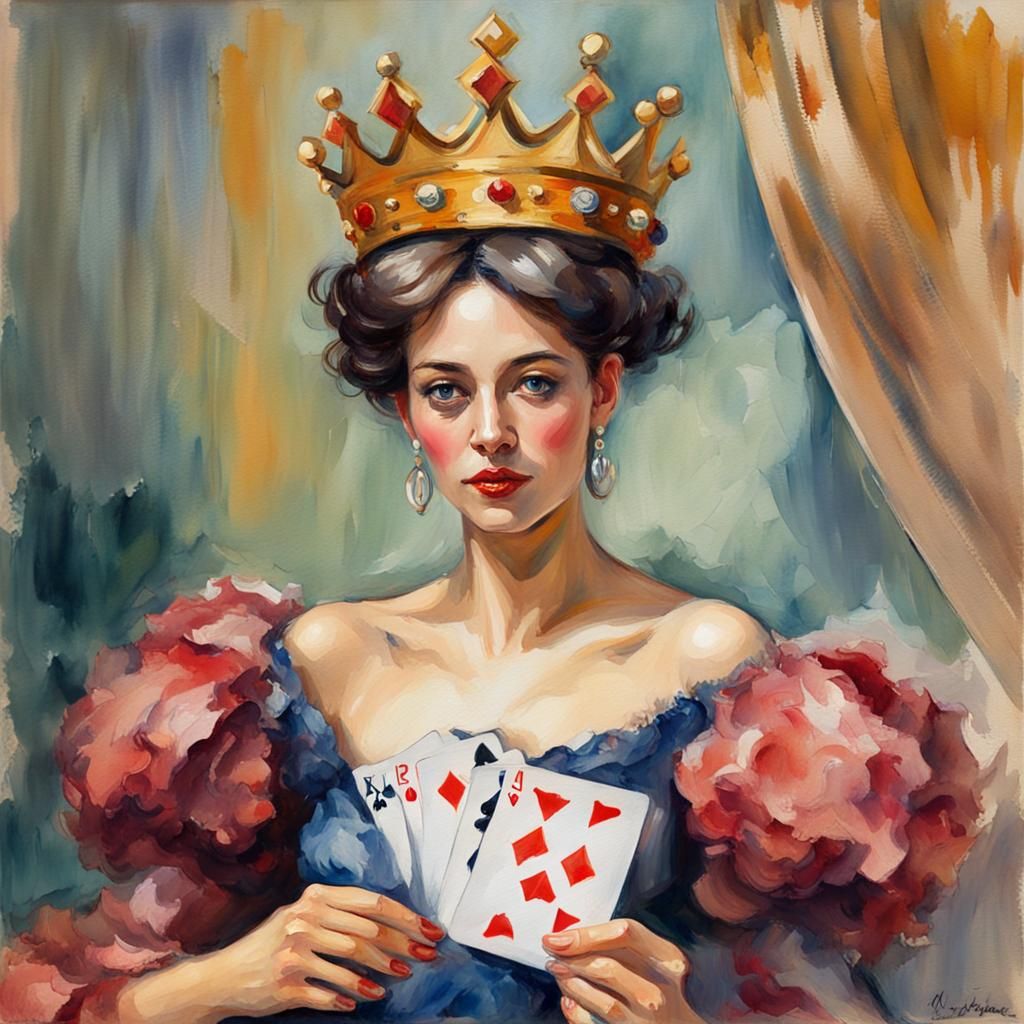 Gouache Style Playing Card with Crowned Woman