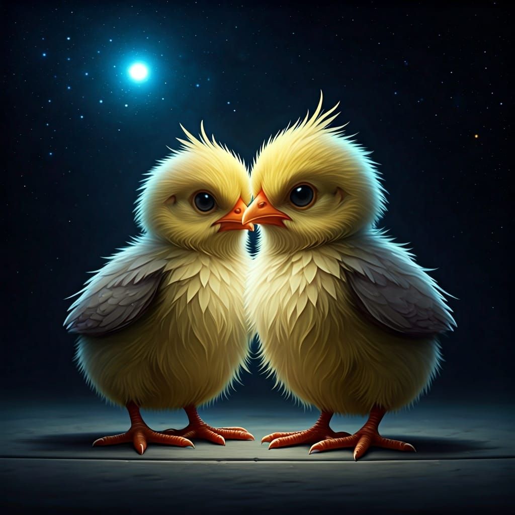 Grumpy Chick Looks in Mirror: Cosmic Illustration