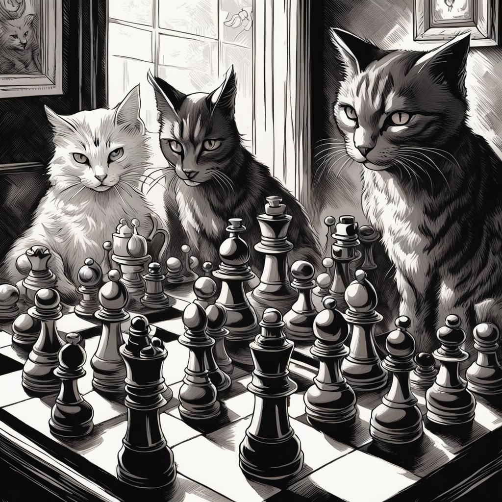 Chess Set of Cats in Tenniel Style Drawing