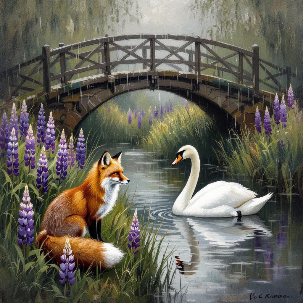 Impressionist Painting: Fox, Swan, Lupines on Rainy Day