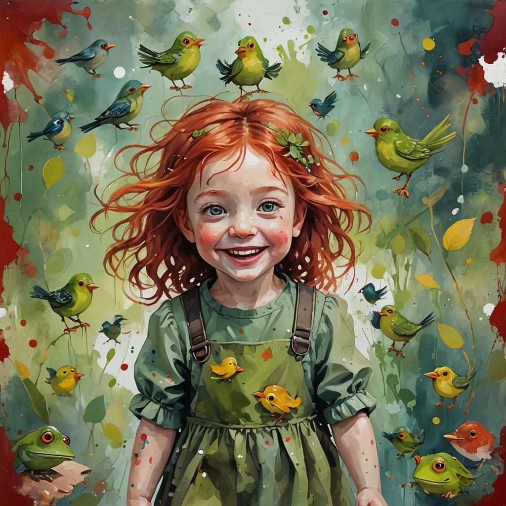 Whimsical Red Hair Girl in Painterly Fantasy Art