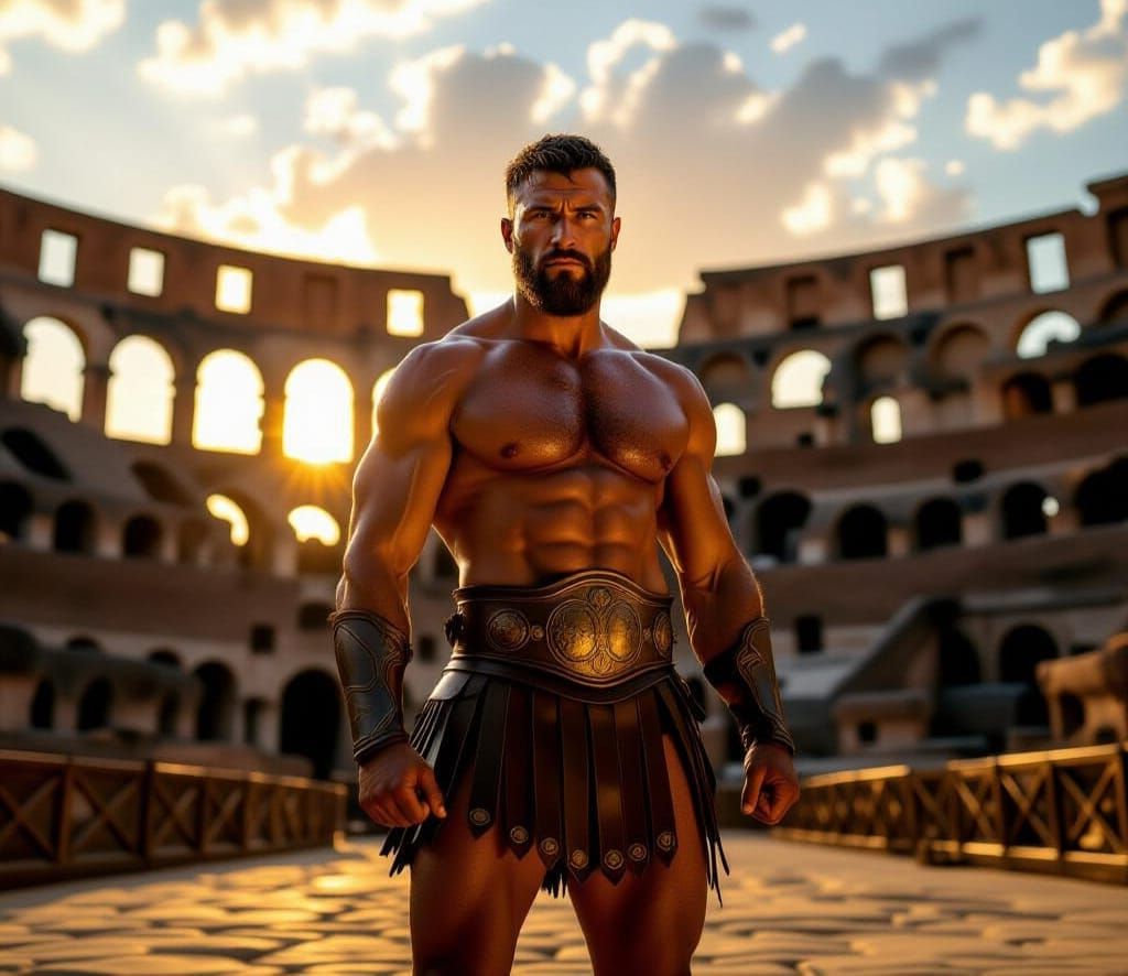 Victorious Gladiator in Colosseum at Sunset