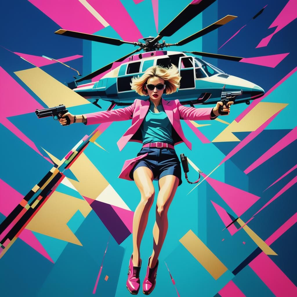 Girl Jumps from Helicopter in Pop Art Style