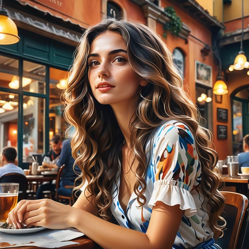 Italian Lady in Cafe: Hyperrealistic Splash Art