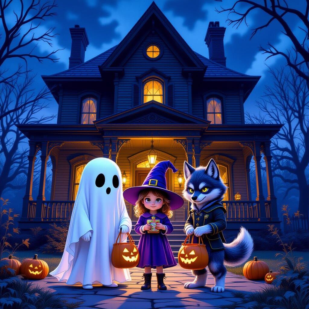 Spectral Trick-Or-Treaters at Haunted House