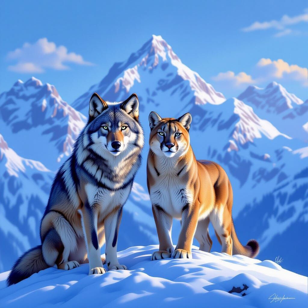 Wolf and Mountain Lion on Snowy Peak