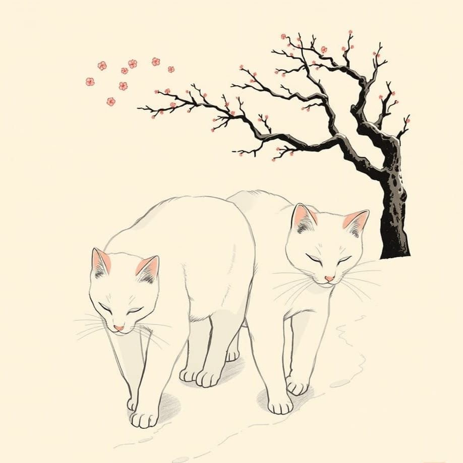 Ukiyo-e Print of White Cats in Snow