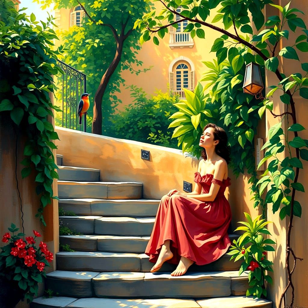 Serene Neoimpressionist Scene of a Young Woman in Exuberant ...