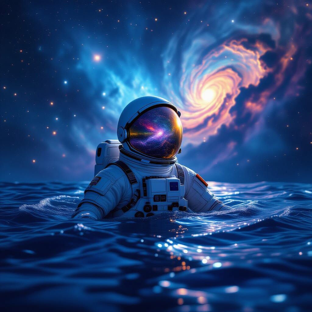 Astronaut Adrift in Cosmic Ocean Reflecting Galaxies