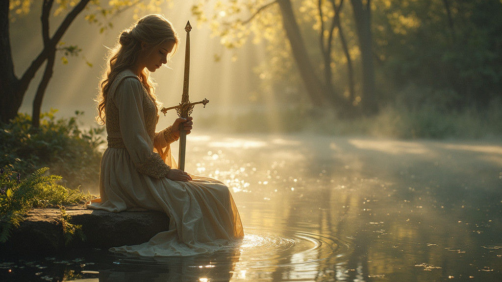 Regal Woman with Sword by Mystical Pond