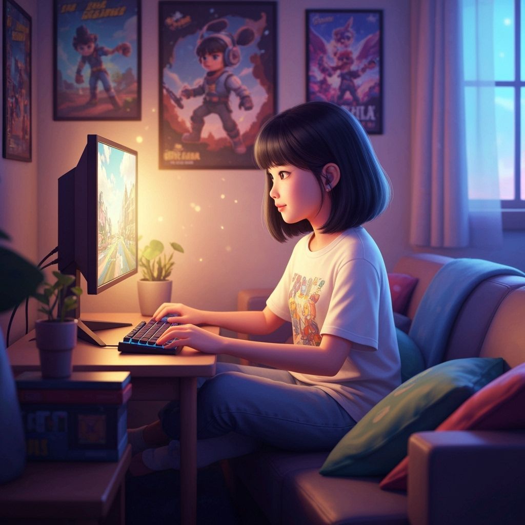 Girl Gaming in Cozy Room, Loish-Inspired Digital Art