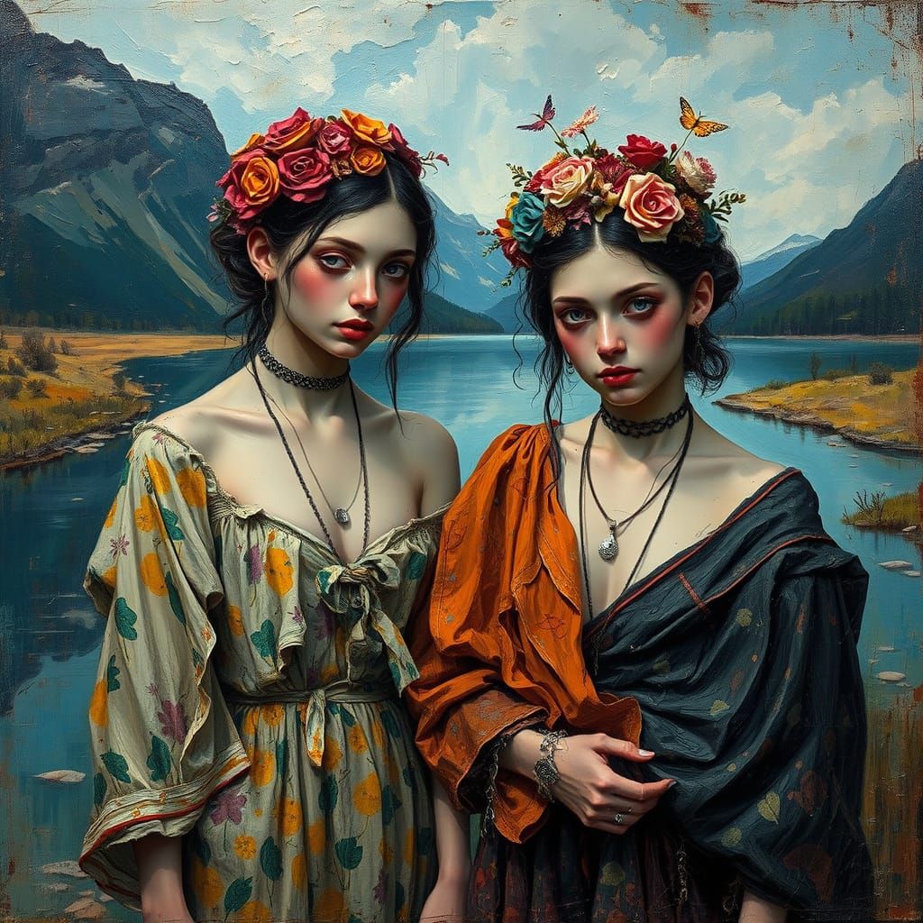 Vibrant Women by Lakes: An Expressionist Acrylic Painting