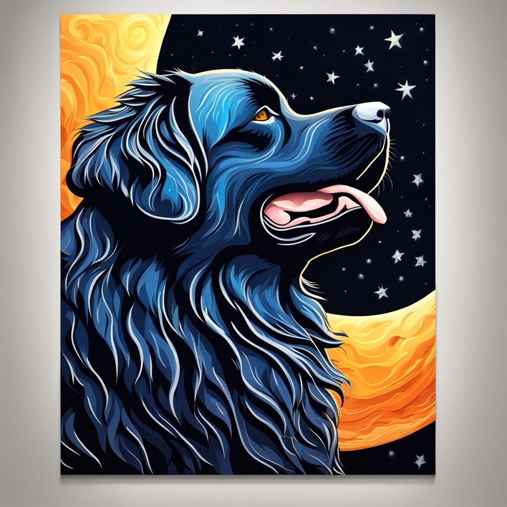 a newfoundland dog howling at the moon.
