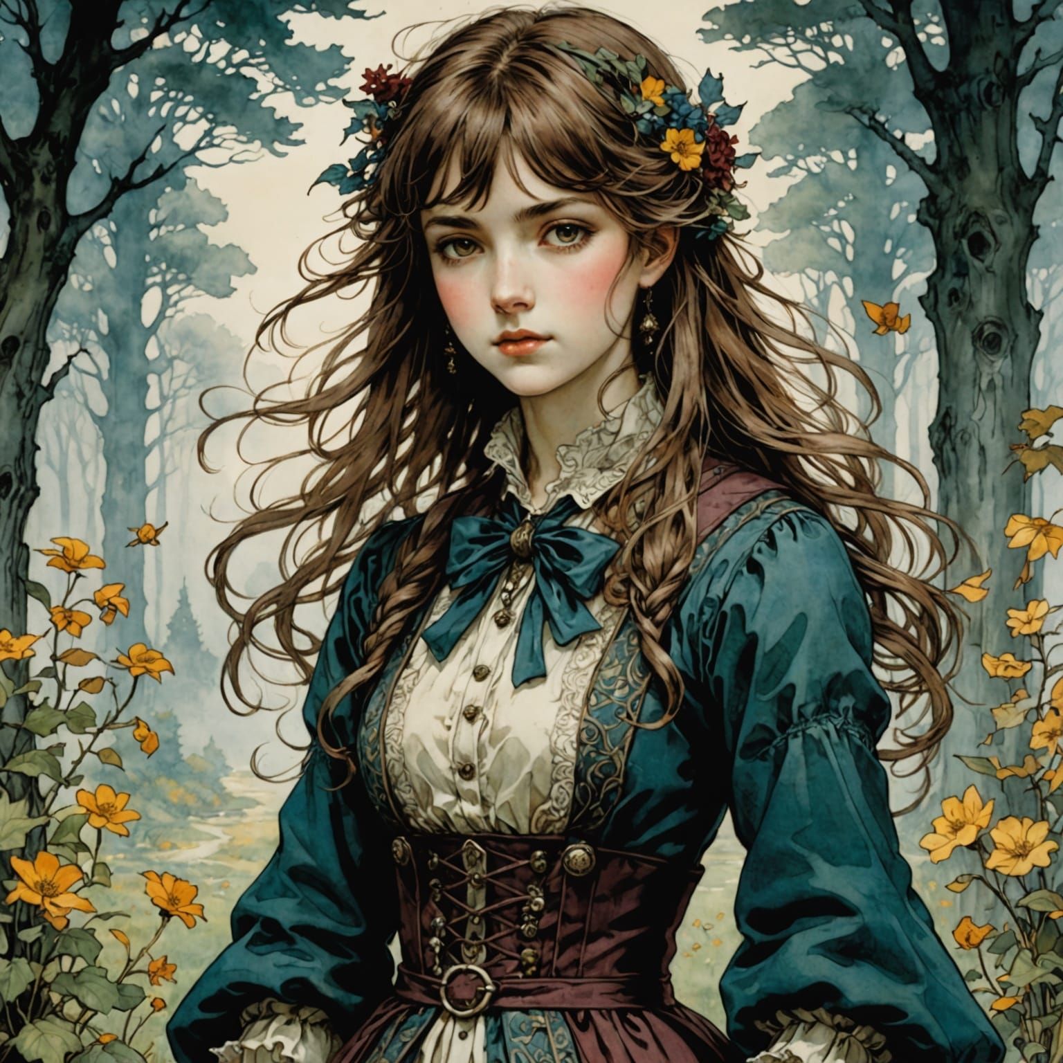 Girl in Whimsical Forest Landscape