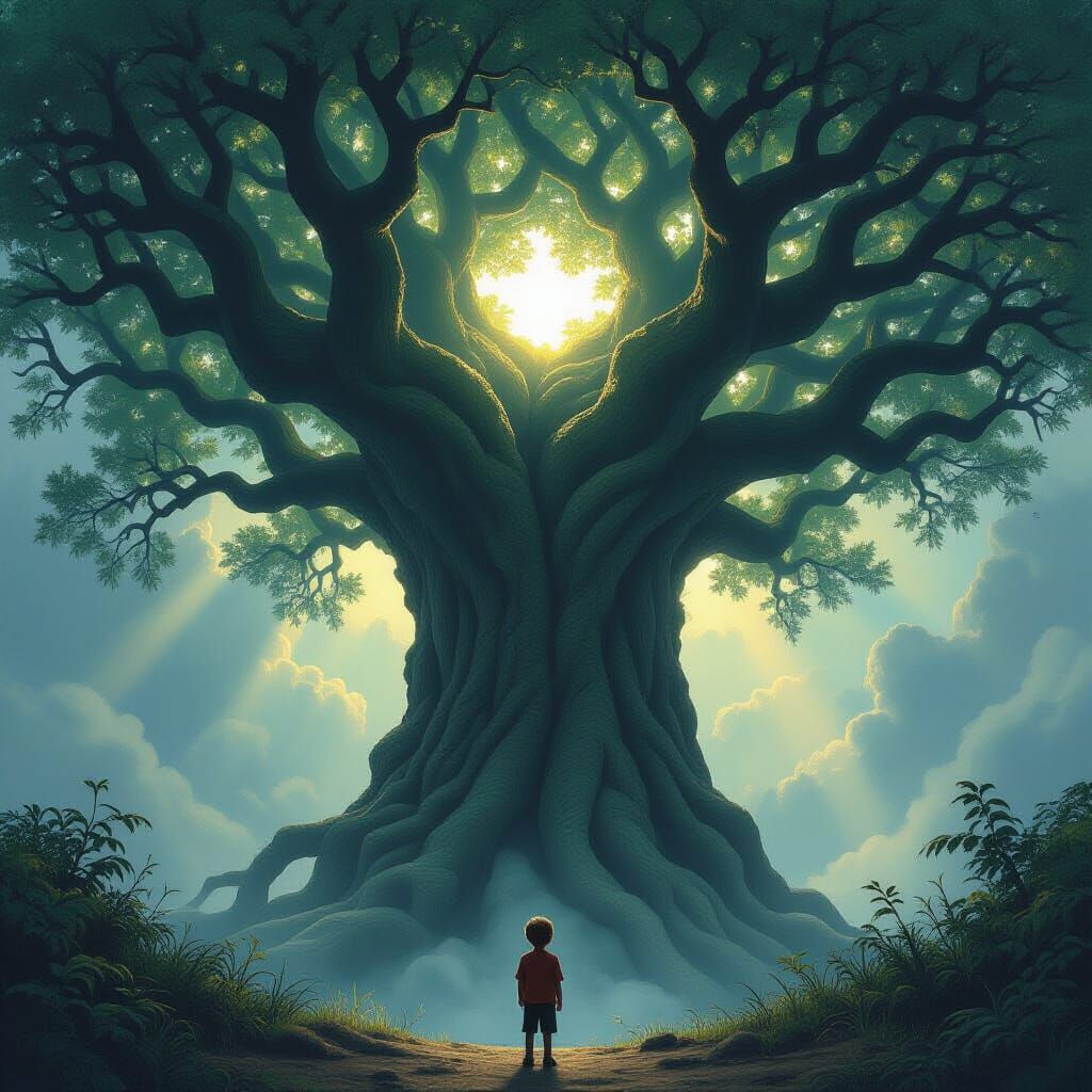 Boy Gazes Up at Giant Glowing Tree in Dark Fantasy Style