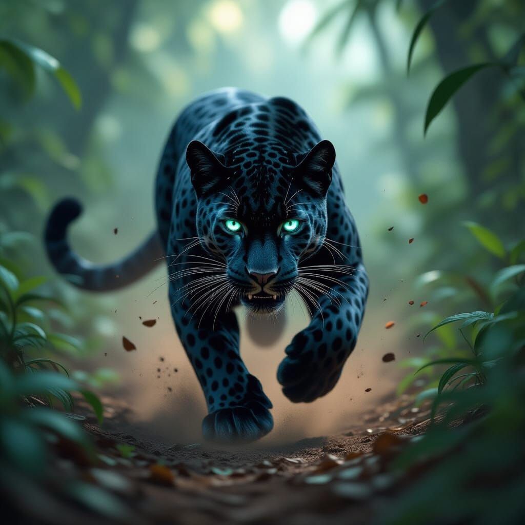Cybernetic Leopard Leaping in Jungle, Hyperrealistic