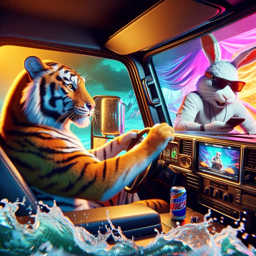Tiger and Rabbit Watch Videos in Truck