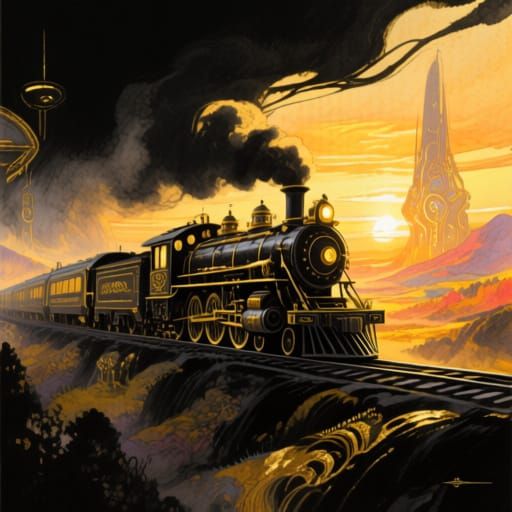 Majestic Train Glides Through Fantasy Landscape
