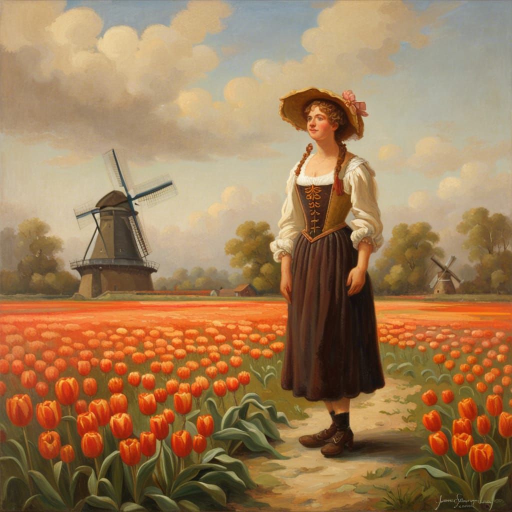 Dutch Maiden in Tulip Field, Oil Painting