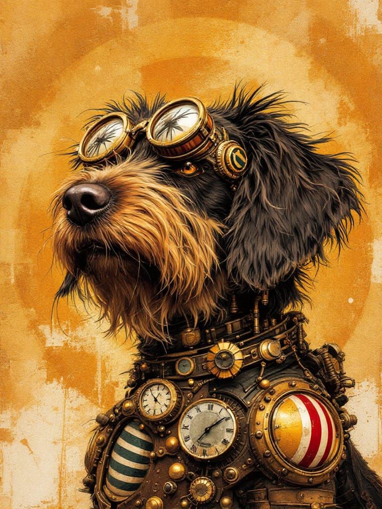 Steampunk Dog with Goggles and Brass Gears, Seuss Style