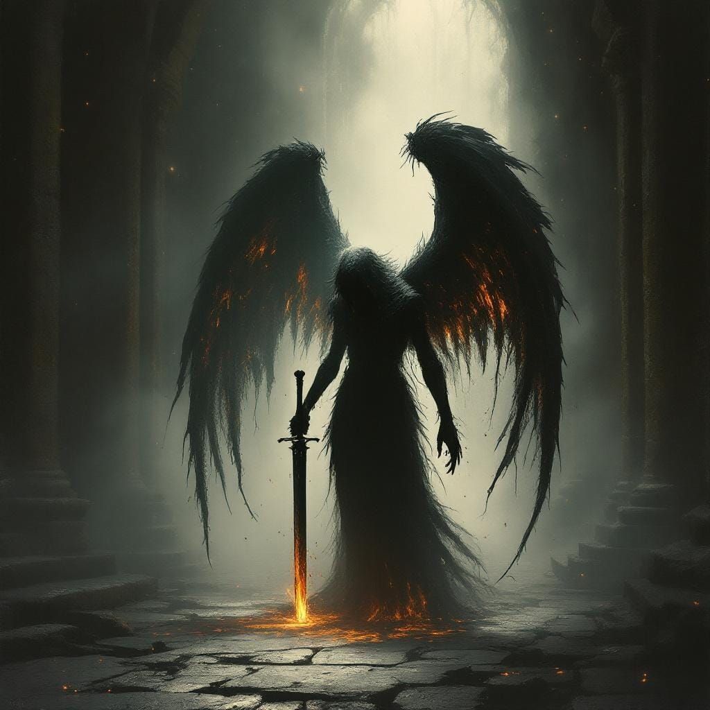 Shadow Angel Weeping in a Cathedral, Gothic Horror Style