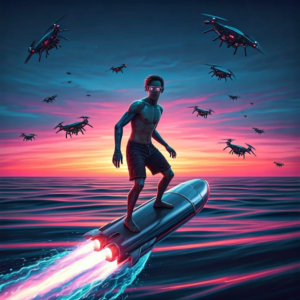 Cyberpunk Surfer on Chrome Rocket Surfboard