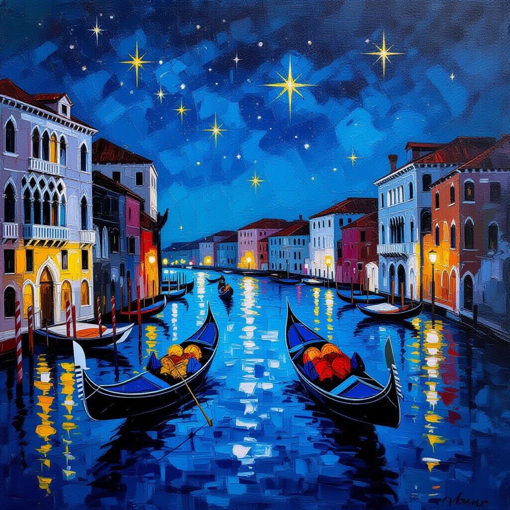 Realistic oil painting.  Impasto. Venise by night . Falling stars.