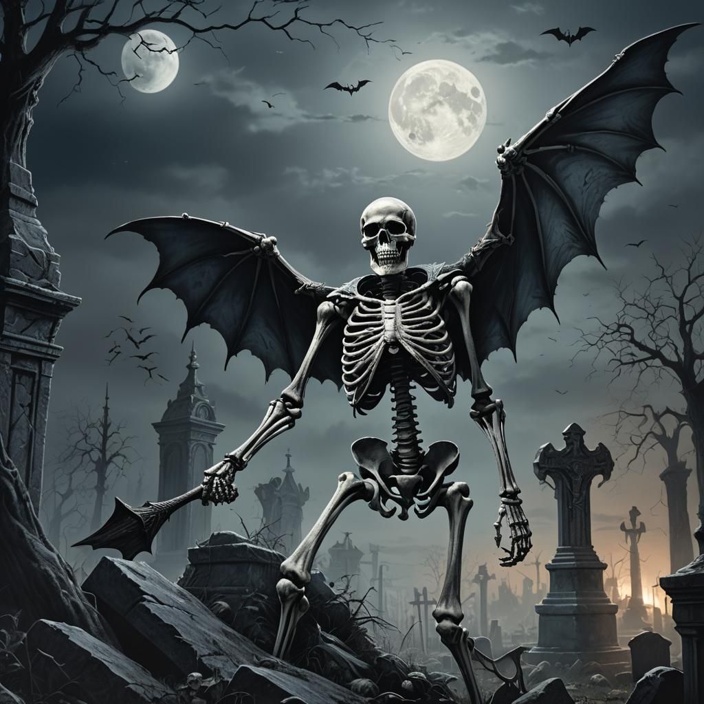 Moonlit Graveyard: Skeleton and Bat in Dark Fantasy