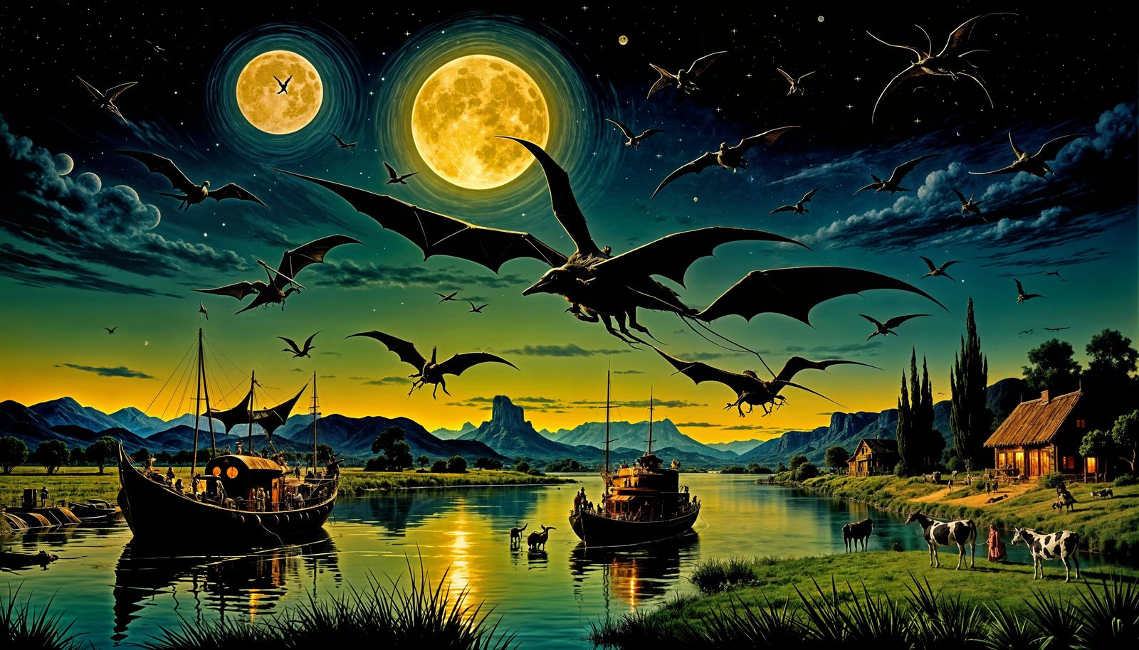 Surreal Night Scene: Barges, Pterodactyls, and Starry Sky