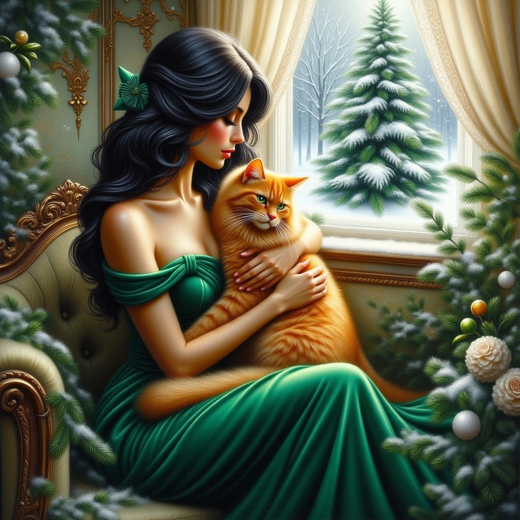 Woman and Cat on Velvet Sofa in Impressionistic Oil Painting