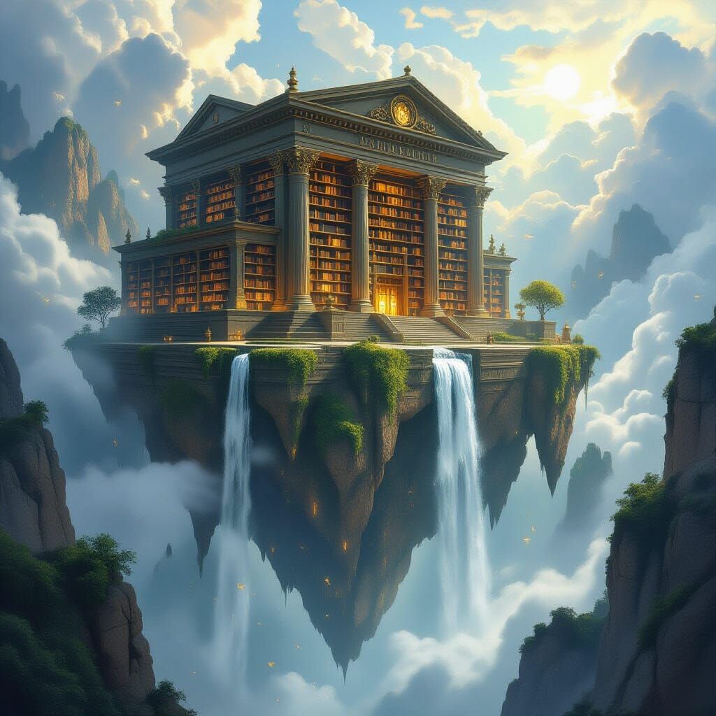 Majestic Floating Island Library with Glowing Tomes