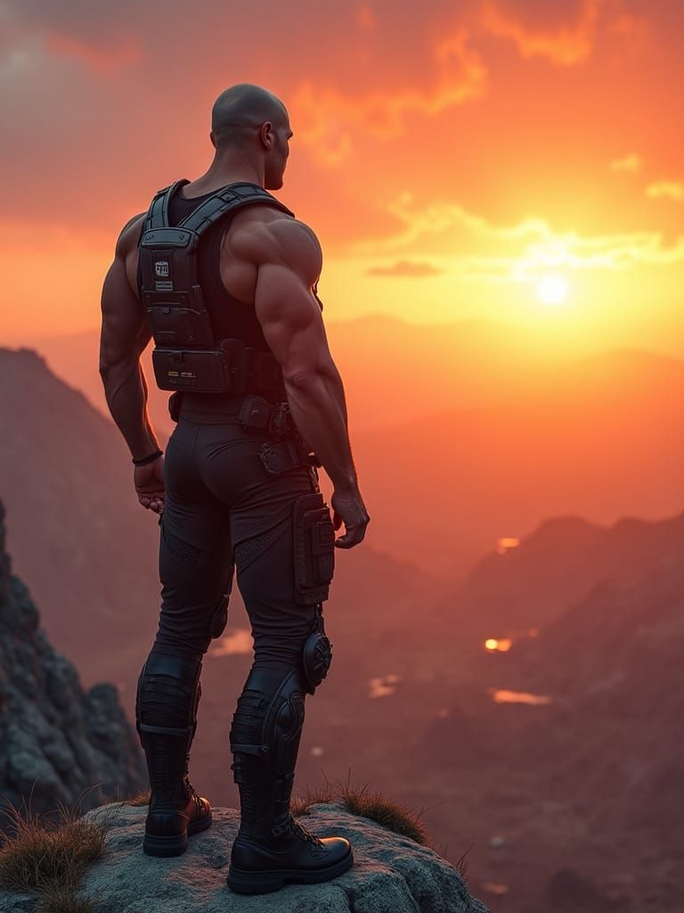 Tactical Bodybuilder Overlooks Battlefield in Cyberpunk Noir