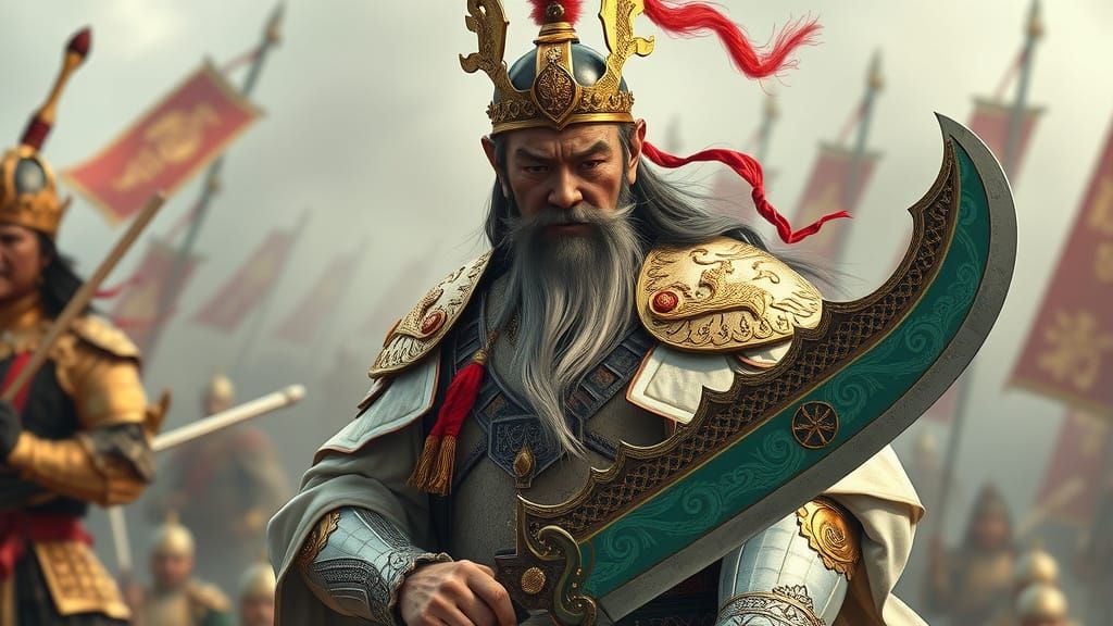 Guan Yu in Golden Armor on Ancient Battlefield