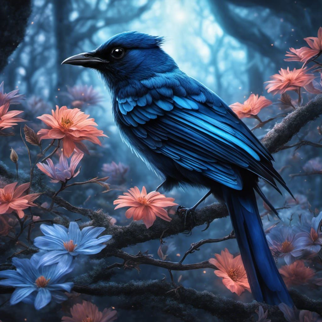 Bioluminescent Magpie in Elven Palace, 3D Art