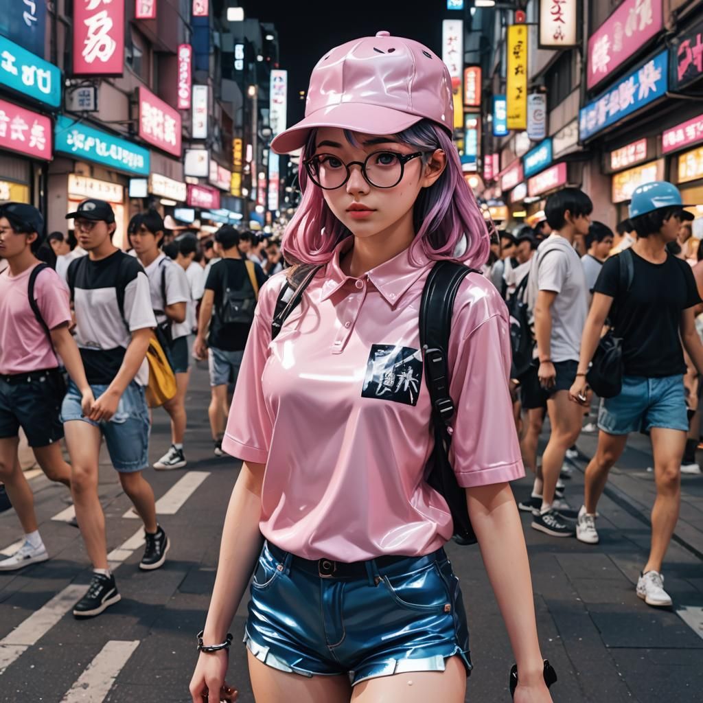 Anime Woman in Shiny Latex Outfit Downtown